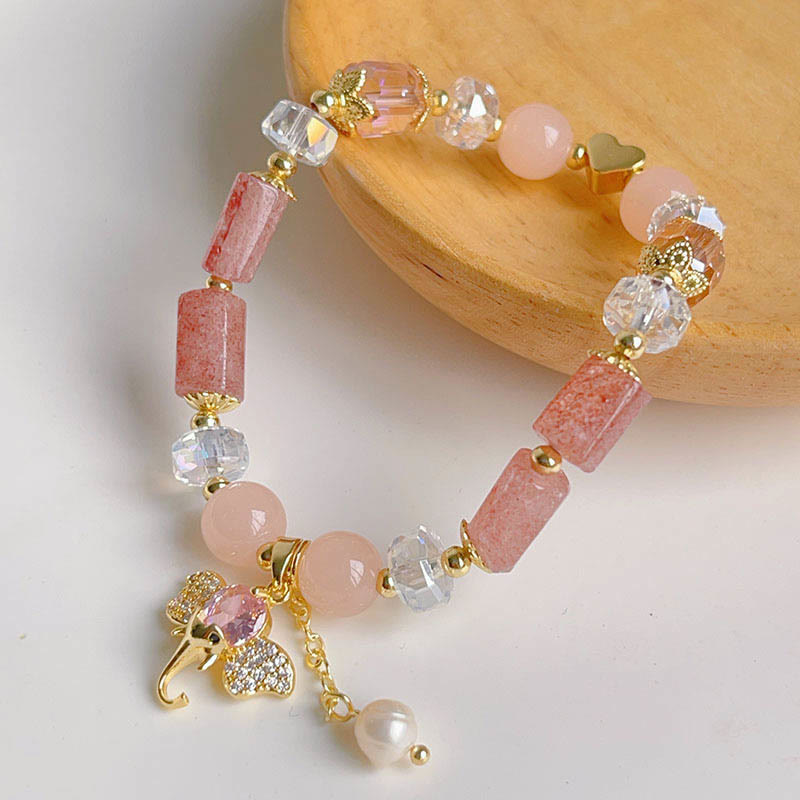 Pulsera con dije de elefante positivo, Buddha Stones , amatista, aventurina verde, cuarzo fresa