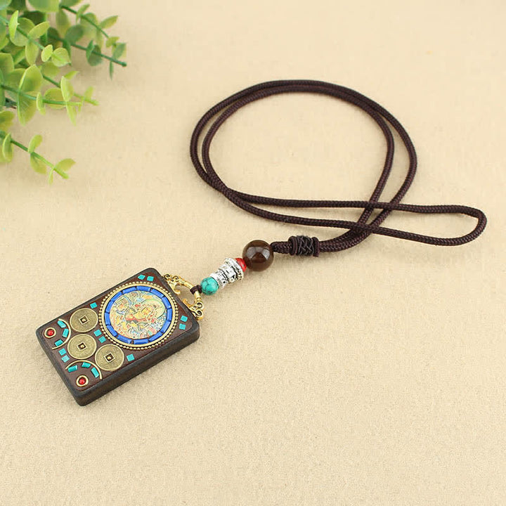 Colgante de collar de paz de ébano Thangka, dios de la riqueza del Tíbet, Buddha Stones