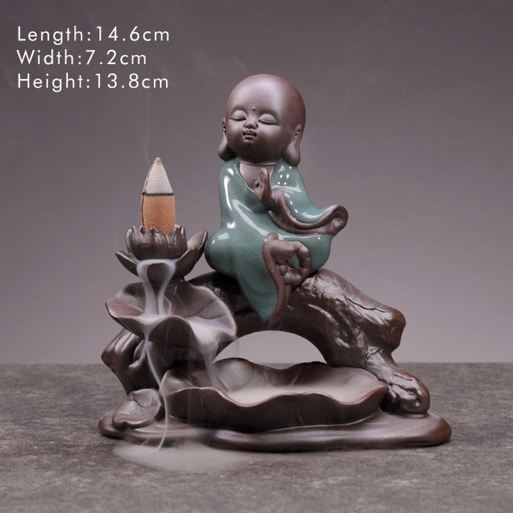 Quemador de incienso con bendición de loto de cerámica, Buddha Stones , pequeño monje, decoración