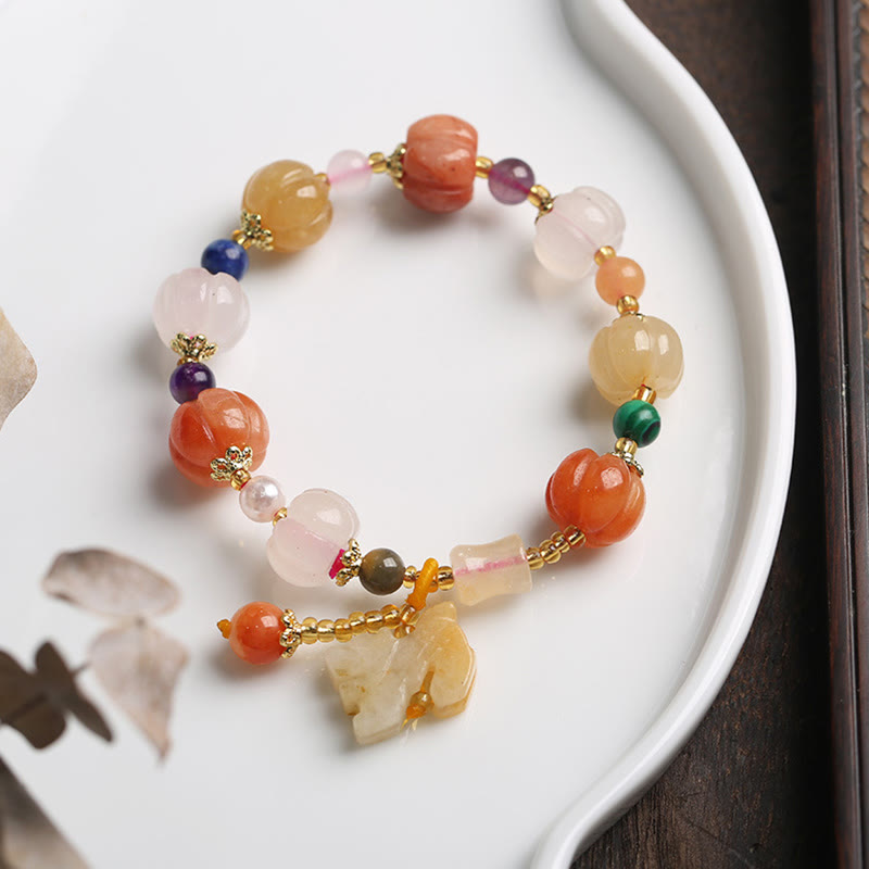 Pulsera de abalorios de riqueza con cuentas de calabaza Pixiu, cristales de Jade de seda dorada Natural