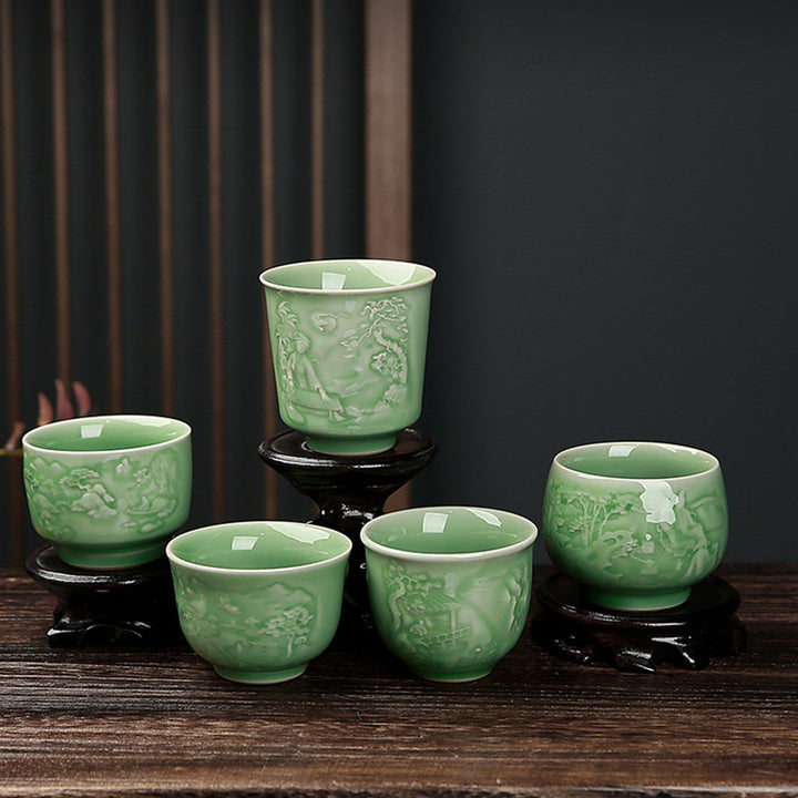 Taza de té de cerámica de pino, piedras de Buddha Stones , árboles, pabellón, montañas, ríos, Kung Fu