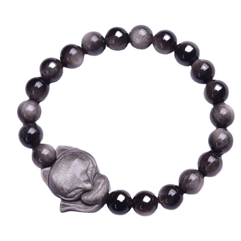 Pulsera de protección de zorro de obsidiana brillante de plata natural con Buddha Stones