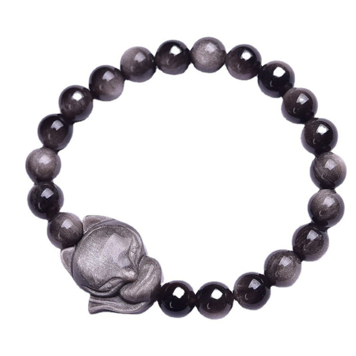 Pulsera de protección de zorro de obsidiana brillante de plata natural con Buddha Stones