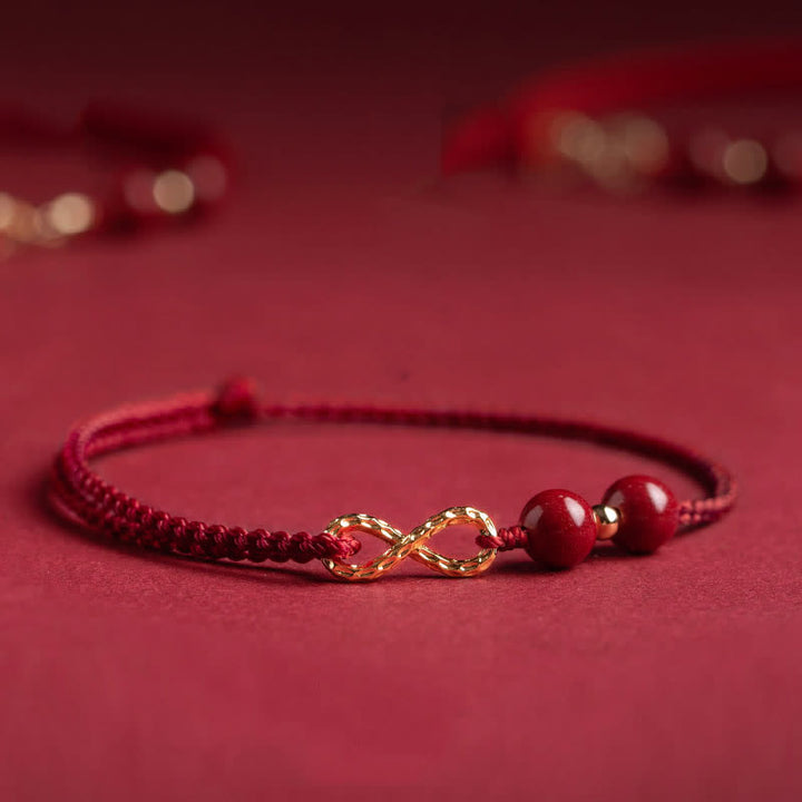 Pulsera tobillera con símbolo del infinito de oro de 14 quilates con hilo rojo y bendición de cinabrio con Buddha Stones