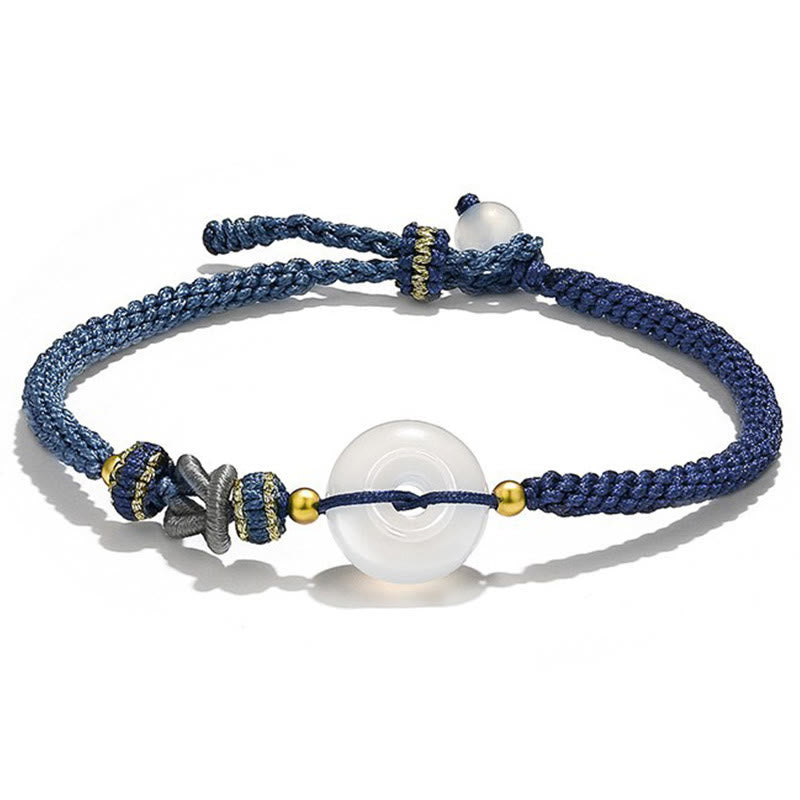 Pulsera de cuerda tejida hecha a mano de ágata blanca con hebilla de paz y suerte y protección