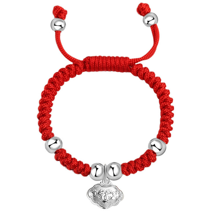 Buddha Stones Plata de ley 925 Hecha a mano Personaje Fu Bolsa de dinero de la suerte Candado chino Campana Loto Moneda de cobre Nudo King Kong Pulsera trenzada para niños