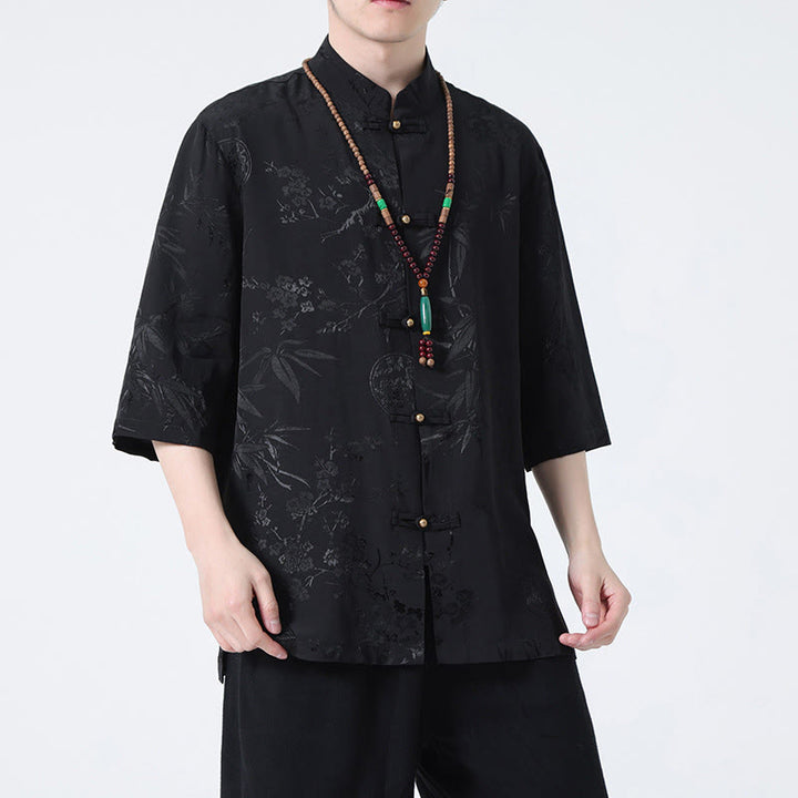 Camiseta china de media manga con botones de rana y hojas de bambú, flor de melocotón, Buddha Stones , camiseta para hombre