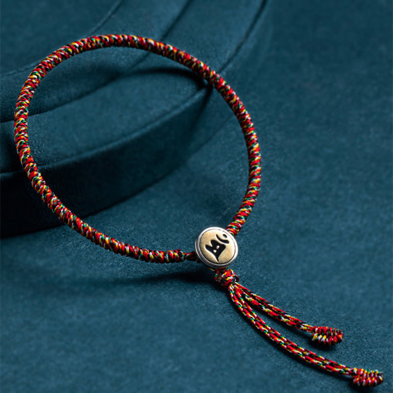Pulsera de cuerda colorida hecha a mano con Buddha Stones de Plata de Ley 925 del zodíaco chino, protección de Buda natal - Estilo borla - 18 centímetros - Perro/Cerdo-Buda Amitabha - image 0