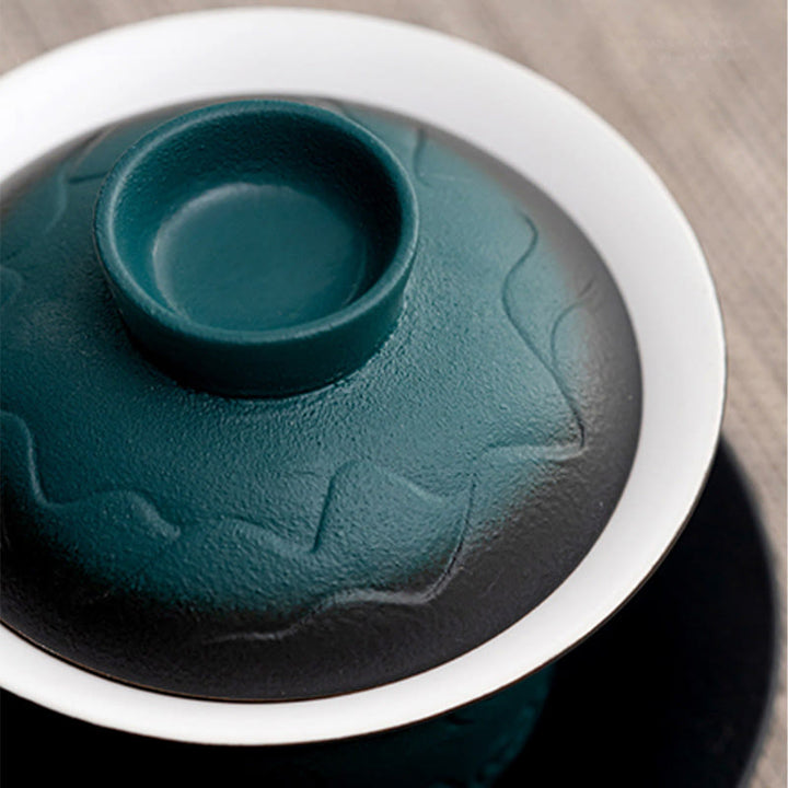 Taza de té de cerámica con gradiente de olas del mar, Retro Azul de Buddha Stones , Gaiwan Sancai, taza de té de Kung Fu y platillo con tapa