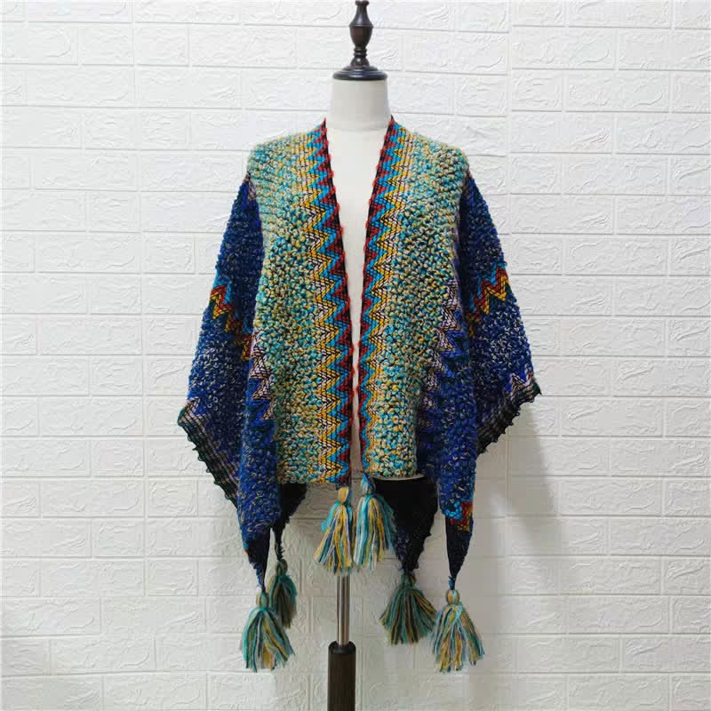 Mantón tibetano de Buddha Stones, capa de punto suave y cálida, bufanda tibetana con borlas de invierno