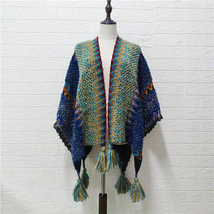 Mantón tibetano de Buddha Stones, capa de punto suave y cálida, bufanda tibetana con borlas de invierno