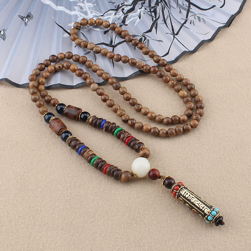 Buddha Stones tibetano Om Mani Padme Hum Dzi cuentas wengué collar de madera colgante - Cadena de cuentas de madera Om Mani Padme Hum - image 0