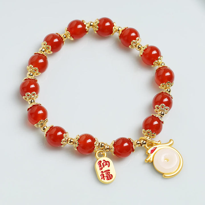 Buddha Stones Año del Dragón Ágata Roja Aventurina Verde Hebilla de la Paz Personaje Fu Pulsera de la Fortuna de la Suerte