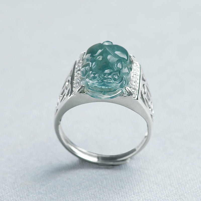 Buddha Stones Plata de Ley 925 Fengshui Riqueza Prosperidad Jade PiXiu Anillo de Suerte