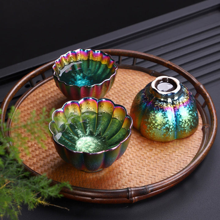 Taza de té de cerámica Jianzhan, cuenco de té de Kung Fu con Buddha Stones, Color arcoíris