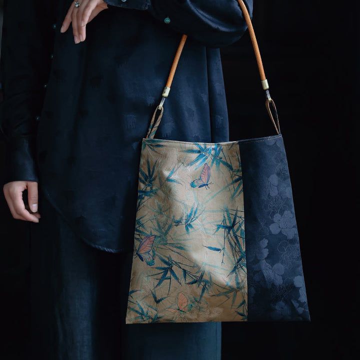 Bolso de hombro con Buddha Stones, hojas de bambú, flor, mariposa, caqui