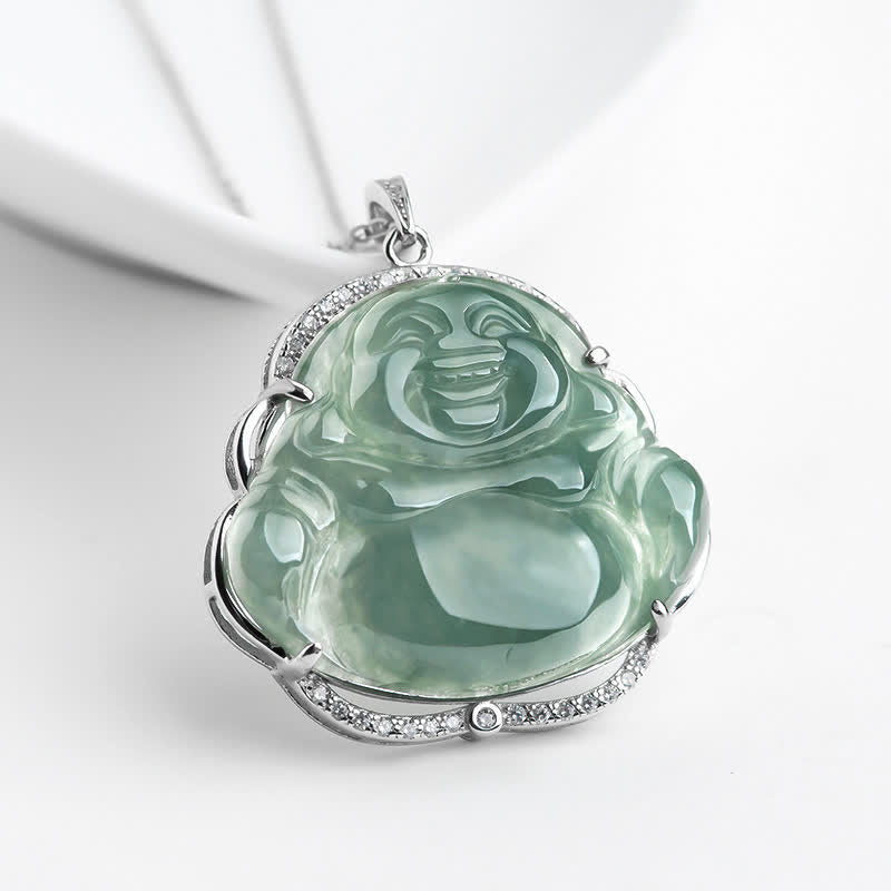 Colgante de cadena de collar de la suerte de jade natural de Buda sonriente de plata de ley 925 con Buddha Stones - Jade - image 1