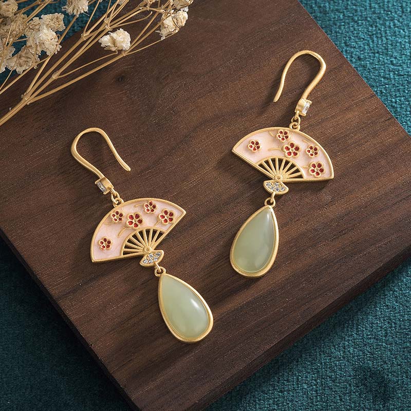Pendientes colgantes de la suerte con diseño de abanico de aventurina verde natural con Buddha Stones