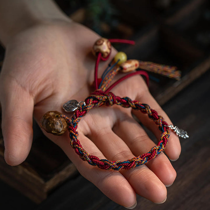 Pulsera de cuerda de fuerza de protección de peces Koi de Plata de Ley 925 con hilo colorido hecho a mano tibetano con Buddha Stones