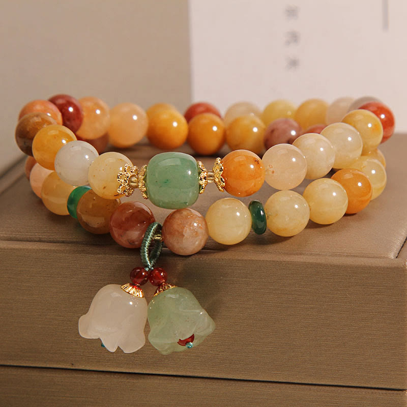 Pulsera de la suerte de orquídeas con campana de doble capa de Jade de seda dorada Natural del Tíbet con Buddha Stones