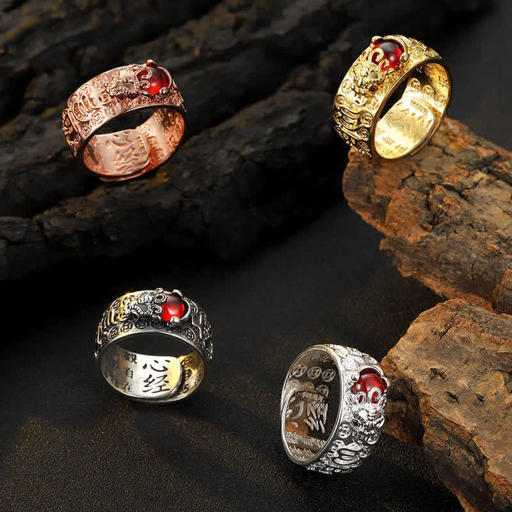 Anillo de riqueza Sutra con corazón de granate rojo FengShui PiXiu de Buddha Stones