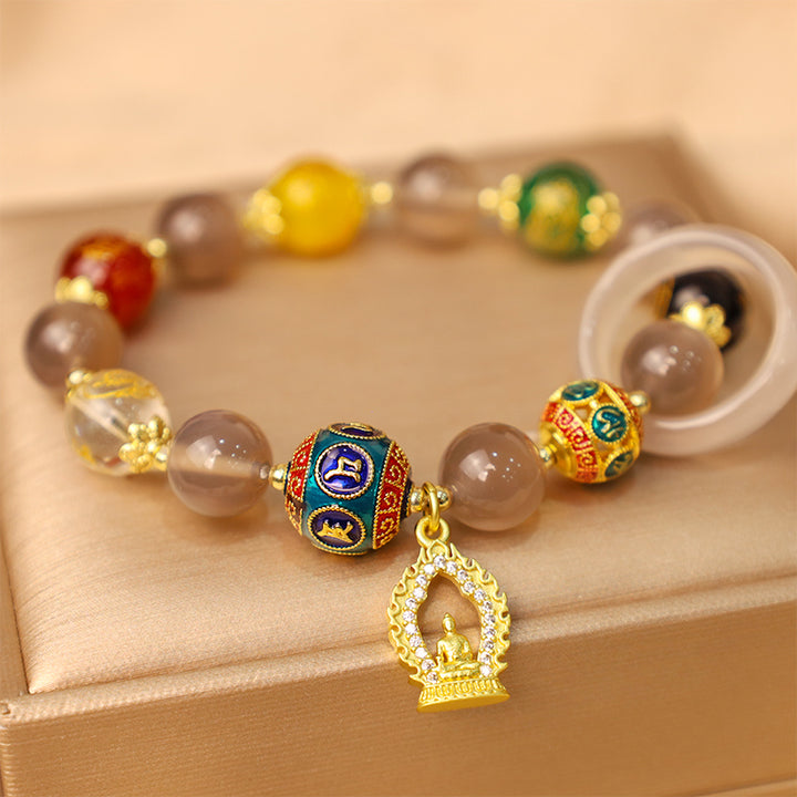 Buddha Stones Ágata gris natural Cinco direcciones Dioses de la riqueza Om Mani Padme Hum Pulsera con dijes de Buda