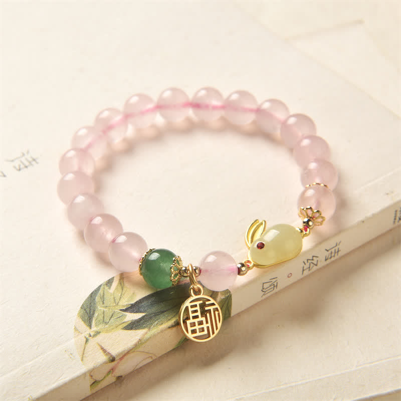 Año del Conejo Pulsera de Felicidad Amor Conejito Ágata Verde Cristal Rosa Natural