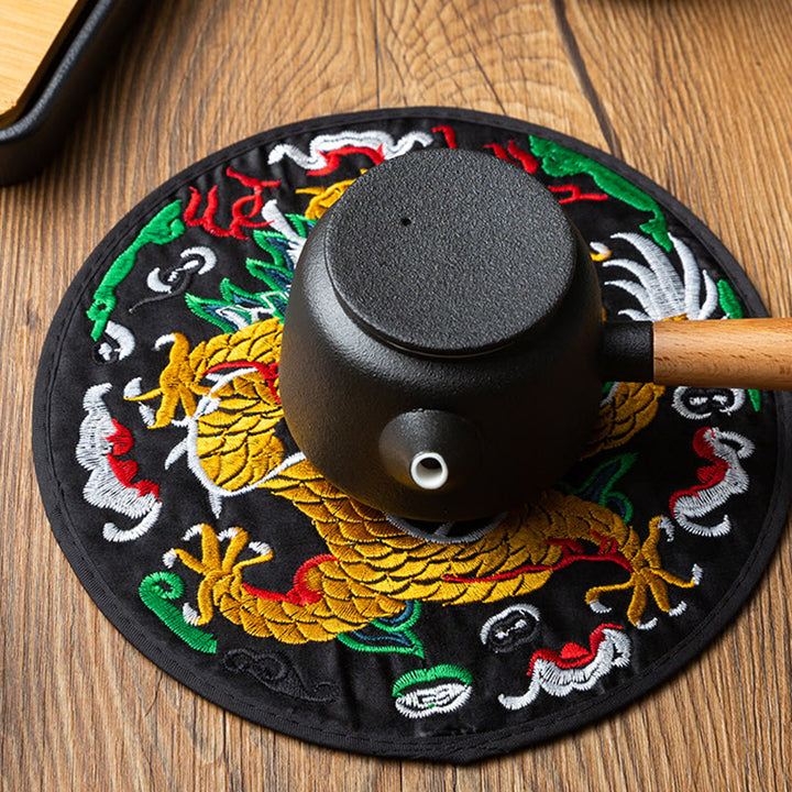 Tapete para taza de Bordado de dragón con Buddha Stones, posavasos para taza de té, tapete para té de Kung Fu