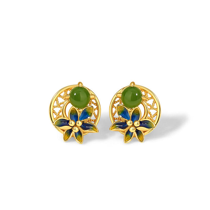 Juego de pendientes y anillo con colgante de flor de Jade cian hetiano Natural de plata de ley 925 con Buddha Stones