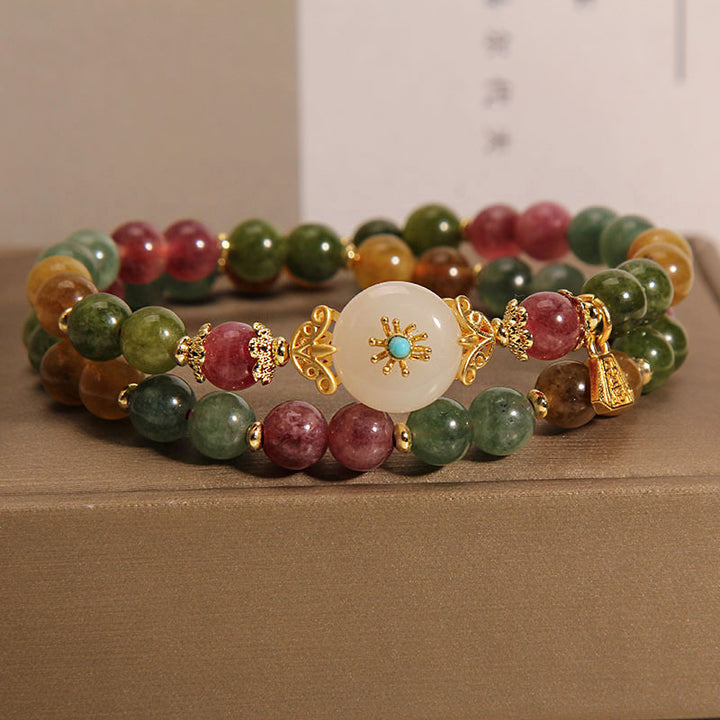 Pulsera de doble vuelta con flor de jade positivo de turmalina multicolor natural de Buddha Stones