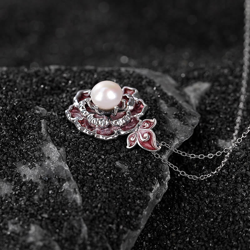 Colgante de collar curativo con perlas de flor de peonía de plata de ley 999 con Buddha Stones