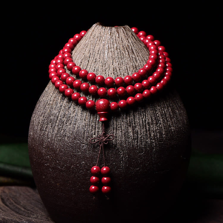 Buddha Stones 108 cuentas Mala cinabrio Om Mani Padme Hum patrón grabado pulsera de bendición