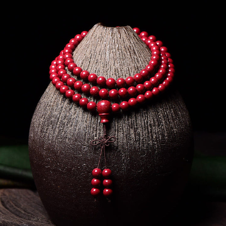 Buddha Stones 108 cuentas Mala cinabrio Om Mani Padme Hum patrón grabado pulsera de bendición