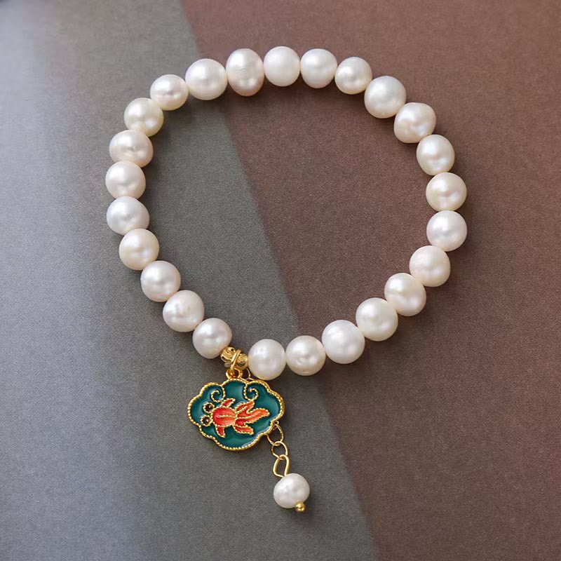 Pulsera con dije de optimismo, pez dorado, pez koi, perla natural