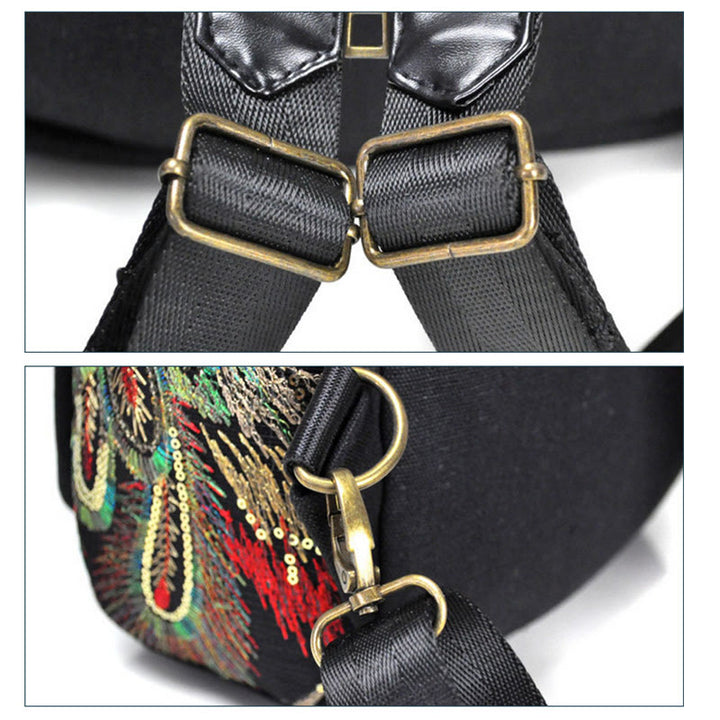 Mochila con borlas de lona con bordado de pavo real
