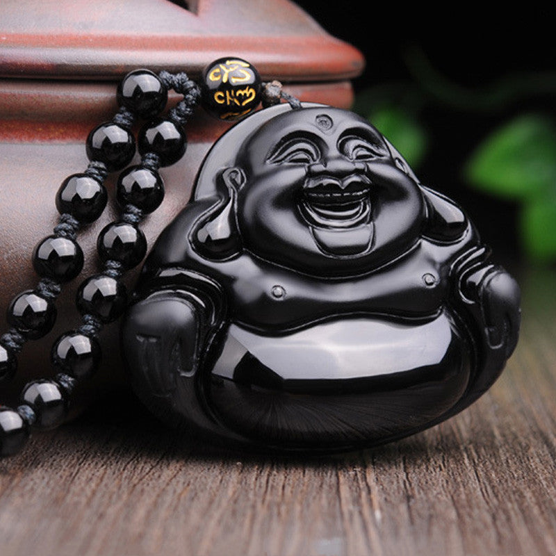 Collar con colgante de transformación de obsidiana negra de Buda sonriente con Buddha Stones - image 2