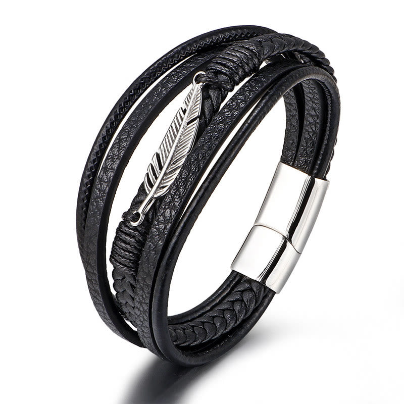 Pulsera con hebilla magnética trenzada de acero titanio y cuero multicapa con diseño de plumas de Buddha Stones