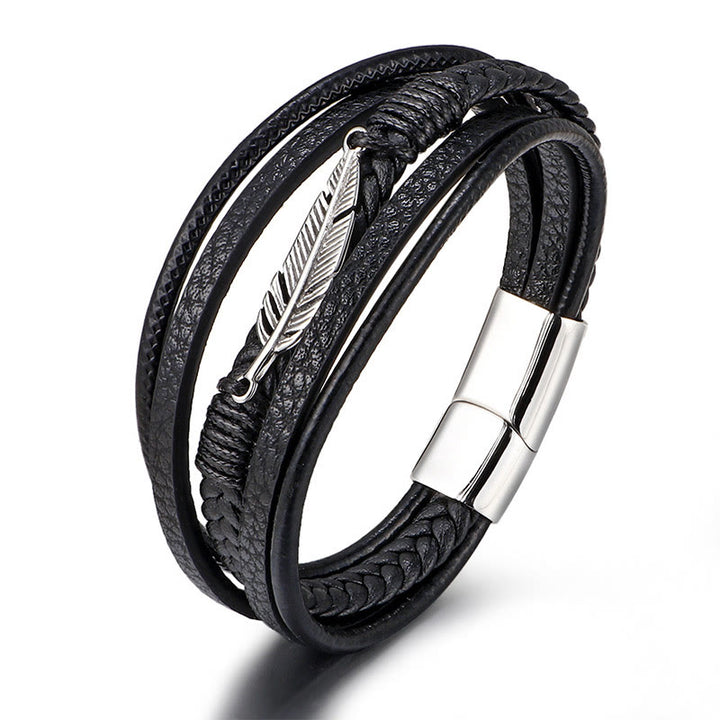 Pulsera con hebilla magnética trenzada de acero titanio y cuero multicapa con diseño de plumas de Buddha Stones