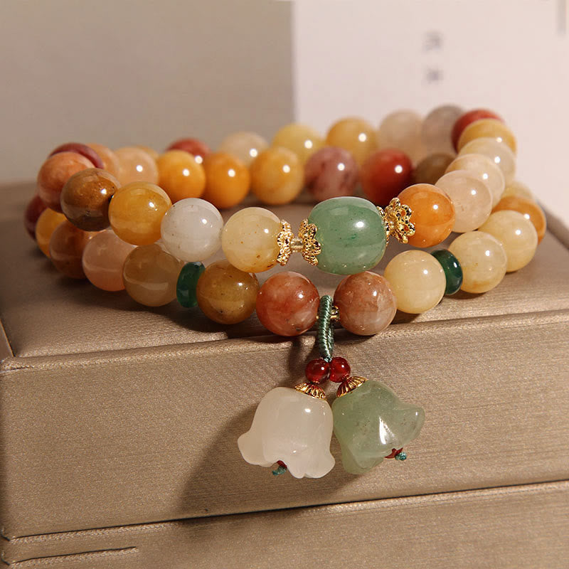 Pulsera de la suerte de orquídeas con campana de doble capa de Jade de seda dorada Natural del Tíbet con Buddha Stones