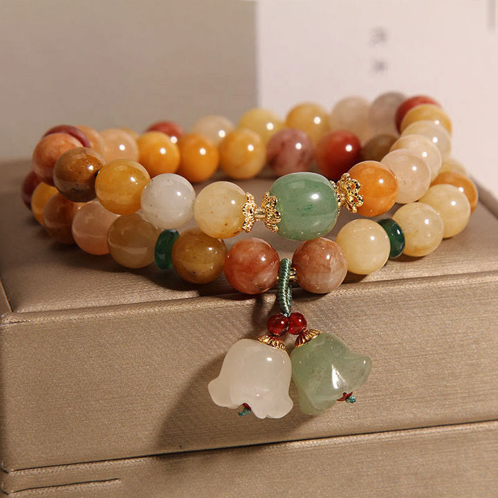 Pulsera de la suerte de orquídeas con campana de doble capa de Jade de seda dorada Natural del Tíbet con Buddha Stones