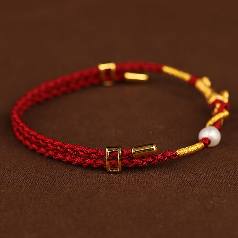 Pulsera trenzada de la suerte con perlas de conejo y mango de Ruyi del deseo de oro de 24 quilates con Buddha Stones