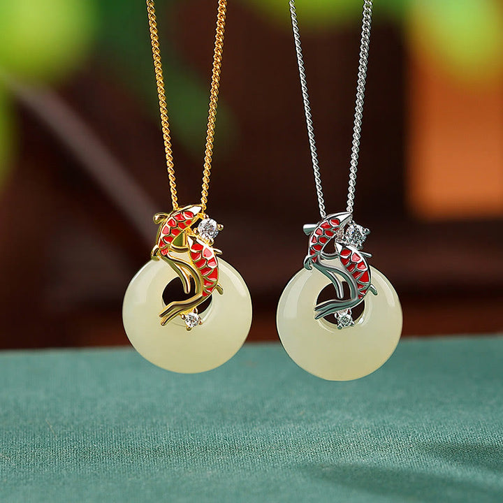 Collar con colgante de plata de ley 925 con Buddha Stones , jade hetiano, hebilla de la paz, pez Koi
