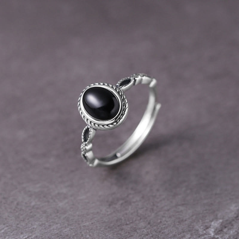 Anillo de la fortuna de ónix negro de plata de ley 925 con Buddha Stones