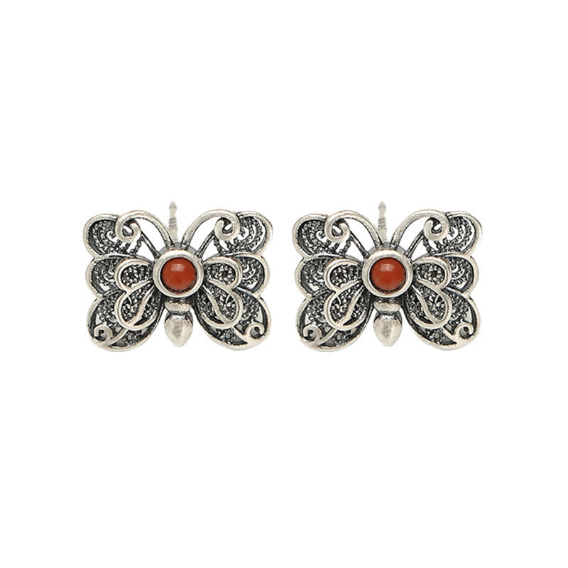 Juego de pendientes de anillo de autoaceptación de mariposa de ágata roja de plata de ley 925 con Buddha Stones