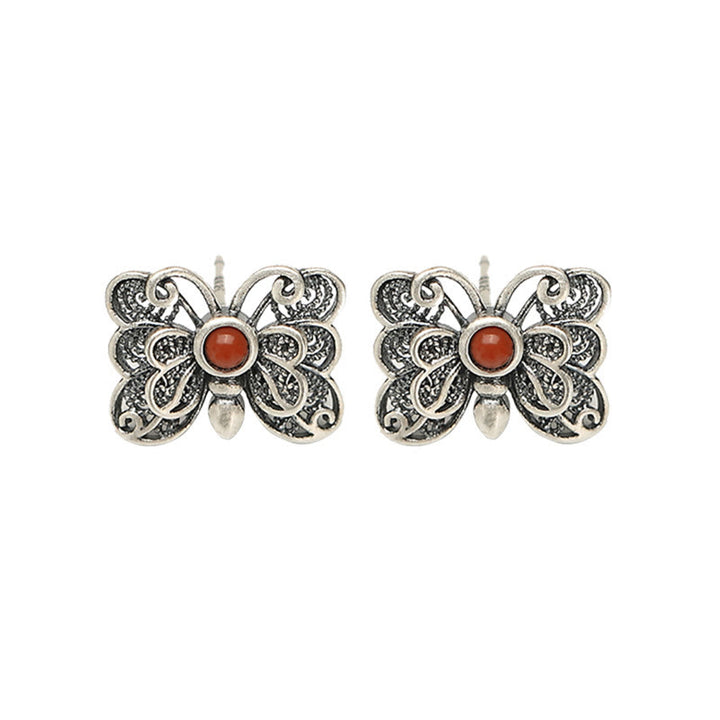 Juego de pendientes de anillo de autoaceptación de mariposa de ágata roja de plata de ley 925 con Buddha Stones