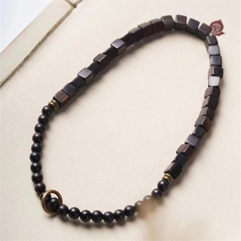 Pulsera de doble vuelta con cuentas cuadradas de madera de ébano del Tíbet y Buddha Stones