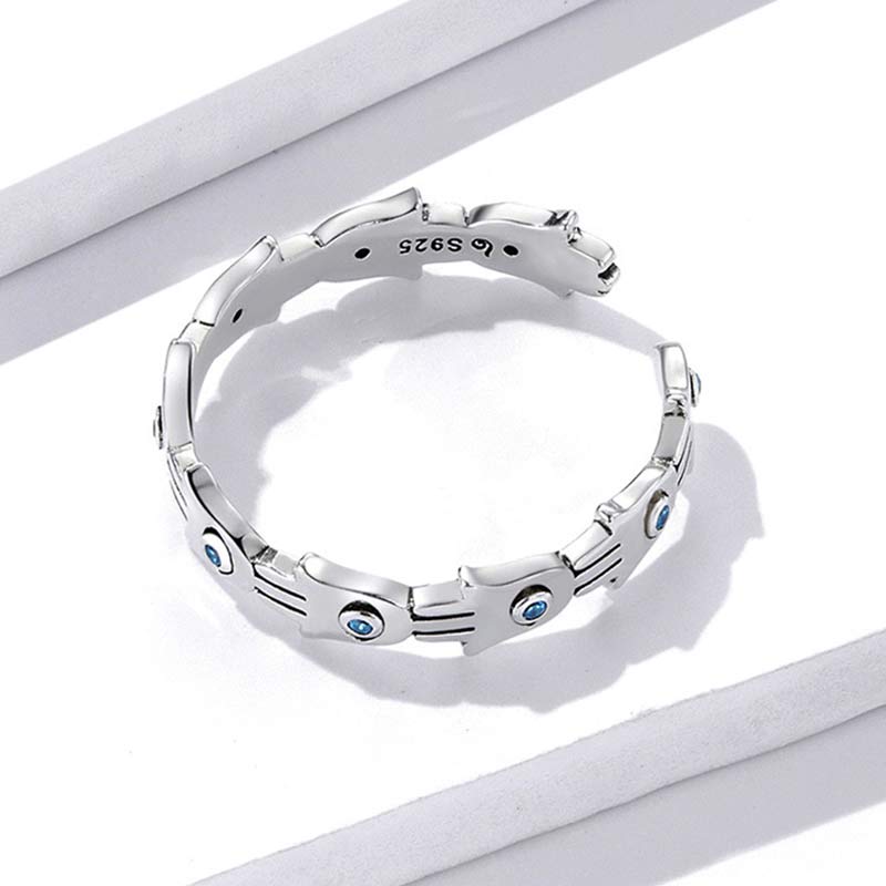 Anillo ajustable con circonita y símbolo de Hamsa de plata de ley 925 con Buddha Stones