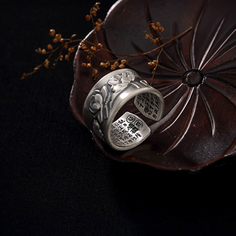 Anillo de plata de ley 999 con diseño de corazón de loto y pez koi de la suerte