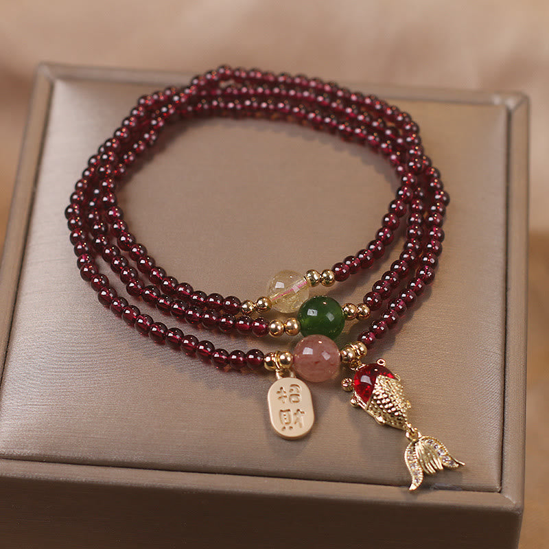 Pulsera de triple envoltura con Buddha Stones, granate Natural, fresa, cristal de cuarzo, zorro, pez Koi, hebilla de la paz, protección de la fortuna