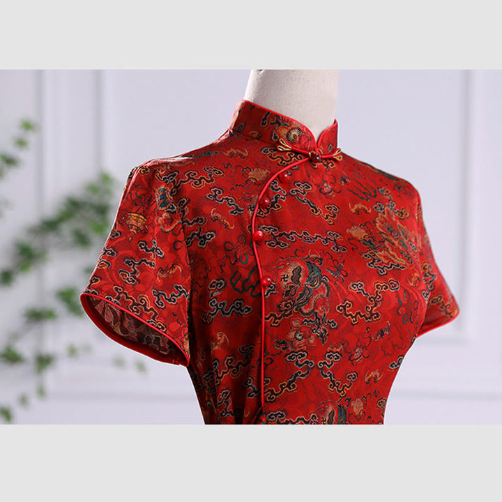Vestido Cheongsam con estampado de hojas y nubes propicias vintage de Buddha Stones vestido Qipao para mujer
